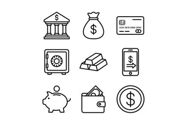 Bir banka, para çantası, kredi kartı, kasa, altın külçeleri, cep telefonu ödemeleri, domuz kumbarası, cüzdan ve bozuk para da dahil olmak üzere dokuz maddi simge seti. Beyaz arkaplandaki basit siyah çizgi sanatı.