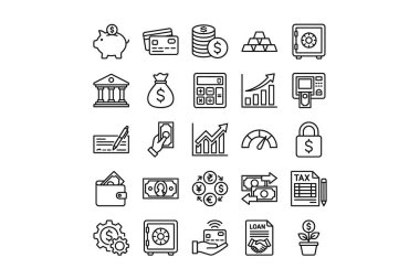 Maliye, para, bankacılık ve işletmeyi temsil eden 25 adet karalama tarzı simge koleksiyonu. Domuz kumbarası, nakit, kredi kartı, kasa ve grafik sembolleri içerir.