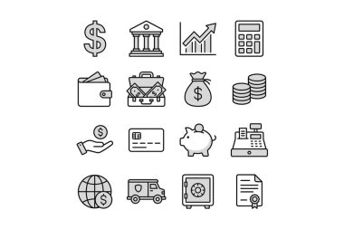 Para, bankacılık, yatırım ve tasarruf gibi finansal kavramları temsil eden, kolay kullanım için beyaz bir arkaplanda izole edilmiş on altı basit çizgi sanat simgesi koleksiyonu.