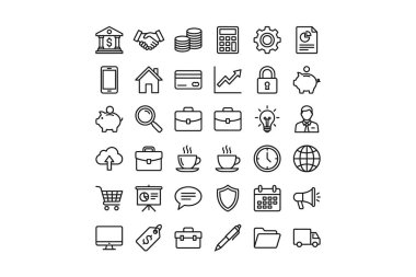 Beyaz arka planda izole edilmiş çeşitli işletme, finans, ofis ve pazarlama kavramlarını temsil eden 36 adet el çizimi veya çizilmiş biçim çizgisi simgesi koleksiyonu.