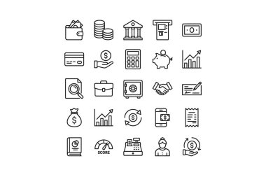 Finans ve iş için bir dizi taslak simgesi. Para, bankacılık, yatırım ve ödeme sembolleri içerir. Beyaz arkaplanda basit bir el çizimi vektör çizimi.