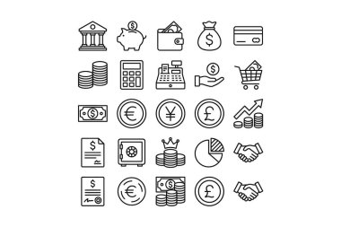 Finans, para ve işle ilgili ince çizgi simgelerinden oluşan bir koleksiyon. Bankacılık sembolleri, dolar, avro, yen ve pound, yatırım ve ticaret gibi para birimlerini içerir.