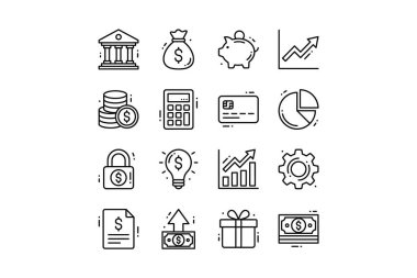 Bankacılık, yatırım, tasarruf ve kâr gibi finansal kavramları temsil eden on altı karalama tarzı ikon koleksiyonu. Beyaz arkaplandaki basit siyah çizgi sanatı, izole edilmiş vektör illüstrasyonu.
