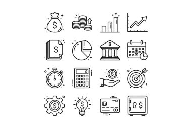 Para işi ve finans ile ilgili on altı karalama tarzı vektör ikonu koleksiyonu. Bankacılık yatırım büyümesi ve mali planlama sembolleri içerir.