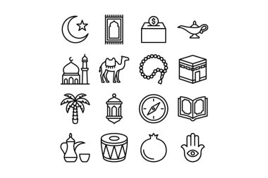 İslam ve Ortadoğu kültürünün çeşitli sembollerini temsil eden on altı adet siyah beyaz çizgi sanat simgesi. Beyaz arka planda bir cami, Kabe, Kur 'an ve deve de dahil..