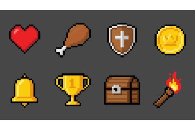 Kalp, tavuk bacağı, kalkan, bozuk para, çan, kupa, hazine sandığı ve arka planda meşale gibi pikseller.