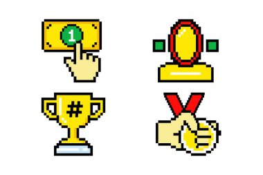 Ödülleri ve tanınmayı temsil eden piksel resim simgeleri kümesi
