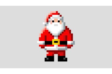 Kırmızı takım elbiseli ve şapkalı, gri arka planda altın tokalı bir kemer tutan Noel Baba 'nın pikselleştirilmiş görüntüsü..