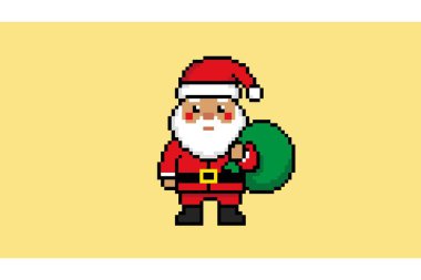 Sarı arka planda yeşil hediye çantasıyla Noel Baba 'nın resmi.