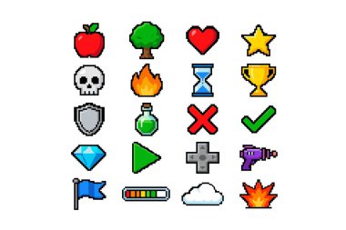 Oyun elemanları ve UI için çeşitli canlı simgeler