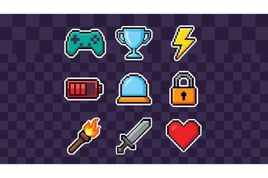 Oyun, ödül ve güvenlik sembolleri de dahil olmak üzere mor kareli bir arkaplanda renkli oyun simgeleri koleksiyonu.