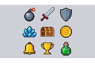 Silahlar, hazineler ve sihirli eşyalar içeren bir çizgi film ikonu koleksiyonu..