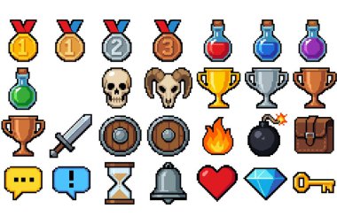 Madalyalar ve fantezi objeleri içeren renkli oyun simgeleri koleksiyonu