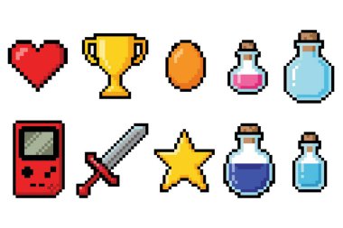 Kalp iksirleri ve oyun unsurları içeren bir piksel resim oyunu ikonu koleksiyonu