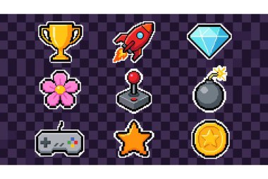 Renkli oyun simgeleri koleksiyonu: Kupalar, çiçekler ve kareli arkaplandaki ödüller