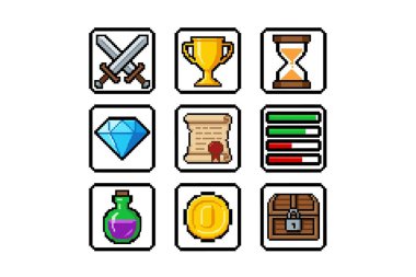 Kılıç, kupa, kum saati, taş, kaydırma, kontrol listesi, iksir, sikke ve göğüs içeren dokuz çizgi film ikonu koleksiyonu.