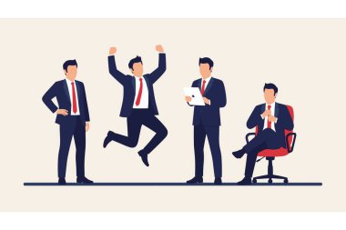 Takım elbiseli dört işadamı bir ofis ortamında farklı eylemlerde bulunuyorlar.