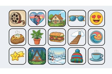 Beyaz arkaplanda ızgara desenine göre dizilmiş çeşitli emoji simgeleri