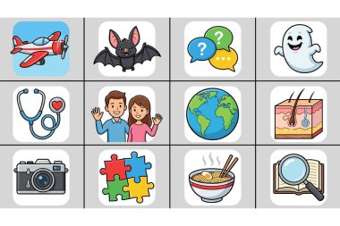 Çeşitli tema ve nesneleri temsil eden çeşitli karikatür simgeleri