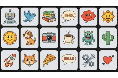 Beyaz arkaplanda çeşitli çizgi film simgeleri