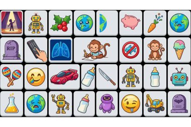 Değişik karikatür emojileri ve farklı nesneleri ve kavramları temsil eden simgelerden kurtul