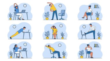 Erkek ve kadın çalışanların, sağlıklarını iyileştirmek ve acıyı önlemek için ofis masalarında basit esneme egzersizleri ve egzersizleri yaptıklarını gösteren düz vektör çizimleri koleksiyonu.