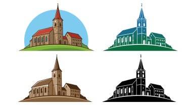 Geleneksel bir kiliseyi tasvir eden dört vektör ikonundan oluşan bir derleme. Set, tam renkli bir versiyon, iki tonlu bir grafik, klasik bir stil ve siyah bir siluet içerir..