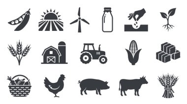 Tarım, traktör, ahır, inek ve domuz gibi hayvanlar, buğday ve mısır gibi ekinler de dahil olmak üzere tarım ve tarımın çeşitli yönlerini temsil eden basit siyah siluet simgeleri..