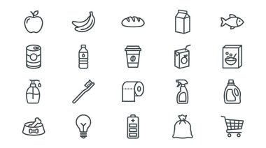 Ortak süpermarket ve ev eşyalarını temsil eden 20 adet siyah beyaz çizgi resim ikonu. Yemek, içecek, tuvalet malzemesi ve temizlik ürünlerini skeç tarzında içerir.