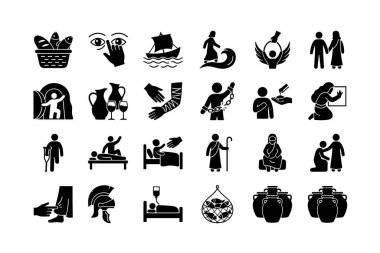 İsa 'nın meşhur mucizelerini ve Yeni Ahit' teki hikayelerini temsil eden siyah simgelerden oluşan bir derleme. Hastaları iyileştirmek ve kalabalığı beslemek de dahil..