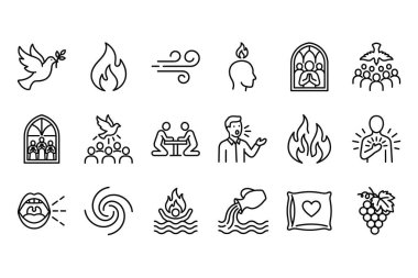 Pentecost 'un Hıristiyan temalarını ve Kutsal Ruh' u temsil eden ince çizgi simgelerinden oluşan bir derleme. Güvercin, alev, rüzgar ve dilde konuşan semboller de dahil..