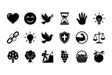 Beyaz arka planda yirmi siyah siluet simgesinden oluşan çok yönlü bir set. Koleksiyonda aşk, barış, adalet, güç, fikirler, doğa ve meyve sembolleri yer alıyor..