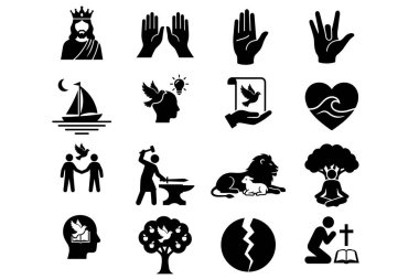 Hıristiyan ve ruhani kavramları temsil eden on altı adet siyah sembol. Beyaz arka planda inanç, dua, barış, aşk, yaratılış ve kefaret sembolleri içerir.