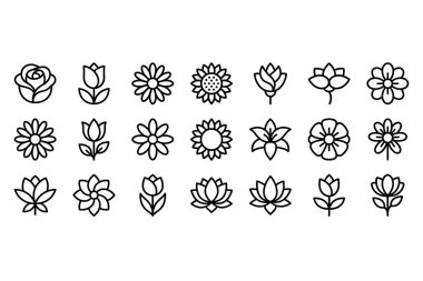 Güller, laleler, papatyalar ve nilüferler gibi farklı türde çiçeklerin yer aldığı bir dizi siyah çizgi sanat simgesi. Grafik tasarımı için temiz, modern vektör çizimleri.