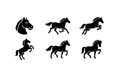 Altı izole at ikonu seti. Siyah vektör siluetleri beyaz arka planda bir at kafası, koşan, zıplayan, yetişen, koşan ve ayakta duran pozları gösteriyor.