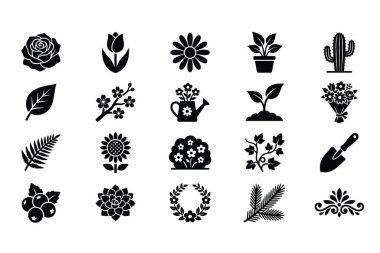 Çeşitli bitkileri, çiçekleri ve bahçe aletlerini temsil eden siyah siluet simgelerinden oluşan bir koleksiyon. Gül, lale, kaktüs, yaprak, filiz ve doğa temalı tasarımlar için daha fazlasını içerir..
