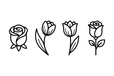 Basit bir sanat tarzında dört minimalist çiçek çizimi. Bu koleksiyonda iki gül ikonu ve iki lale ikonu var. Temiz ve zarif tasarımlar için mükemmel..