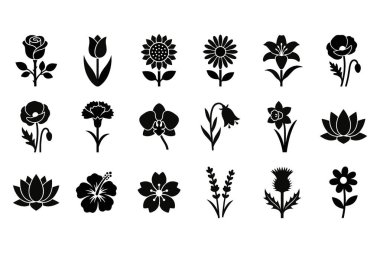 Çeşitli çiçek kabartmaları, basit siyah siluet biçiminde. Bu vektör koleksiyonu gül, zambak, orkide ve grafik tasarım elementleri için haşhaş gibi popüler çiçekleri içerir..