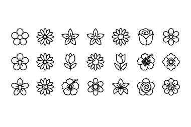Güller, laleler ve papatyalar da dahil olmak üzere çeşitli basit çiçek simgelerinden oluşan bir koleksiyon. El, botanik ve doğa tasarımları için mükemmel bir minimalist tasarım tarzıyla çizilmiş..