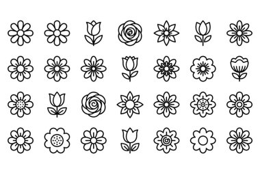 Minimalist çiçek simgelerinden oluşan çeşitli bir koleksiyon. Beyaz arka planda gül, lale ve papatya gibi çeşitli çiçek desenlerini temiz, basit bir taslak vektör tarzında içerir..