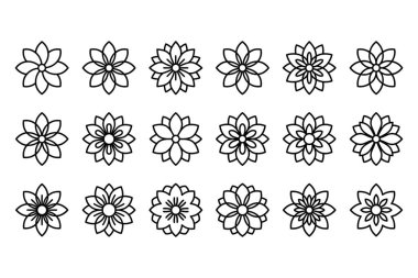 Minimalist siyah ana hatlı 18 basit çiçek ikonundan oluşan bir koleksiyon. Dekorasyon, logo ve tasarım projeleri için izole vektör grafik unsurları.