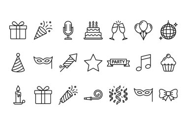 Doğum günü pastası, hediye kutusu, balonlar, konfetiler ve festival tasarımları için disko topu da dahil olmak üzere partiler ve etkinlikler için basit siyah ana hatlı vektör simgelerinden oluşan bir koleksiyon..