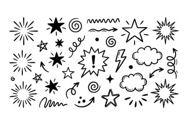 Yıldızlar, bulutlar, oklar ve girdaplar gibi el çizimi elementlerden oluşan bir koleksiyon. Dekorasyon ve tasarım için izole edilmiş siyah-beyaz vektör çizimi.