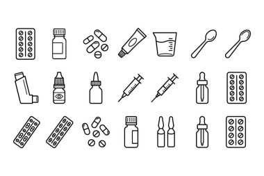 İlaç, kapsül, şırınga, astım ilacı ve sağlık konseptleri için göz damlası gibi basit siyah-beyaz karalama tarzında çeşitli ilaç ve tedavi ikonlarının bir derlemesi..