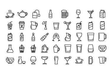 Çeşitli içecek ve içecek ikonlarının basit siyah beyaz çizim tarzında bir koleksiyonu. Kahve, çay, bira, şarap, kokteyl ve soda içerir.