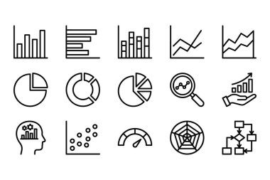 İş raporları, bilgi grafikleri ve sunumlar için grafikler, grafikler ve diyagramlar gibi çeşitli veri görselleştirme araçlarını temsil eden bir taslak simge koleksiyonu.