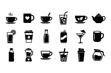 Kahve, çay, meyve suyu, kokteyl ve soda gibi çeşitli içecekleri temsil eden çeşitli düz kabartma simgelerden oluşan bir koleksiyon. Bardaklar, kupalar, şişeler ve bir blender içerir.