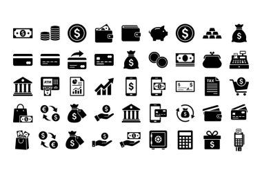 Para, ödeme yöntemleri, bankacılık, alışveriş ve yatırım gibi finansal kavramları temsil eden, web ve uygulama tasarımı için beyaz bir arka planda izole edilmiş düz vektör ikonlarının bir derlemesi.