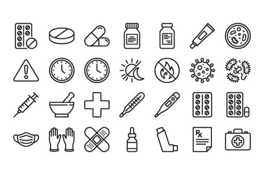 Çeşitli tıbbi, farmasötik ve sağlık kavramlarını temsil eden siyah beyaz çizgili sanat simgelerinin bir derlemesi. İlaçlar, şırınga, maske ve diğer önemli sembolleri içerir.