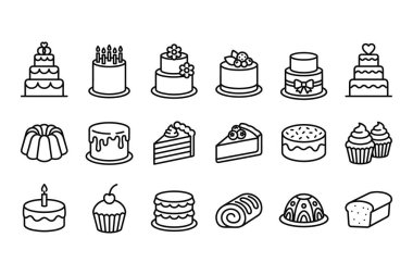 Düğün, doğum günü, dilimler, kekler ve hamur işleri gibi farklı pasta türlerini gösteren 18 adet el çizimi simge seti. Fırın ya da parti tasarımları için mükemmel..